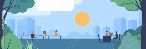 Outdoor office workspace with people working remotely on laptops in open natural environment with cityscape background under sun minimalist flat vector illustration