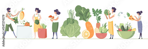 Group of diverse people preparing fresh vegetables and fruits in kitchen cooking healthy meals concept flat vector illustration banner