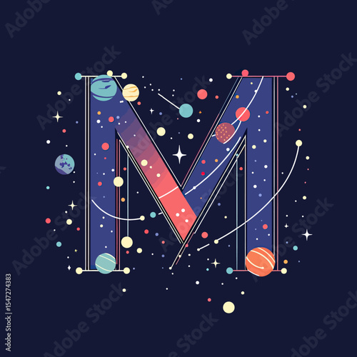 Decorative letter M with colorful planets stars and space elements cosmic alphabet design with orbit lines and night sky gradient background vector illustration