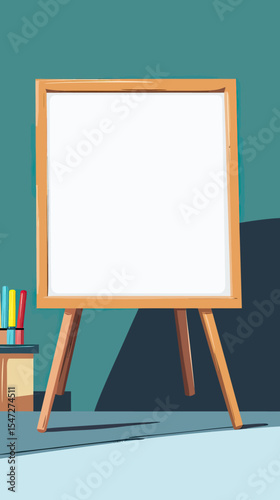 Blank whiteboard on wooden easel with colorful markers in modern office interior minimal vector illustration for presentation and brainstorming concepts