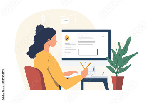 Businesswoman working on computer completing online form with pencil at desk in modern home office setting flat vector illustration