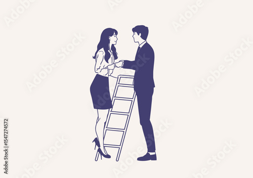 Business man helping woman climb ladder partnership teamwork collaboration professional support career growth success concept flat vector illustration