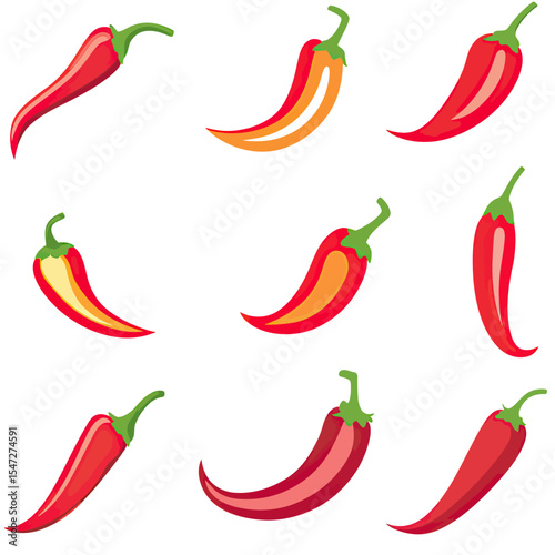 Set of nine colorful red and orange chili peppers with green stems in flat minimalist vector style isolated on white background for food and spice design concepts