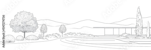 Minimalist line drawing of modern landscape design with trees, bushes, pathway, and hillside in black outline vector illustration for architecture or garden planning
