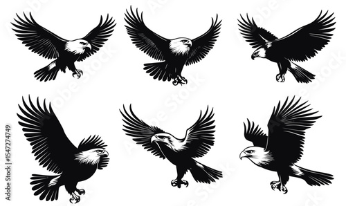 Set of six black and white bald eagle silhouettes in various flying and attacking poses with detailed minimalist vector style feathers and claws