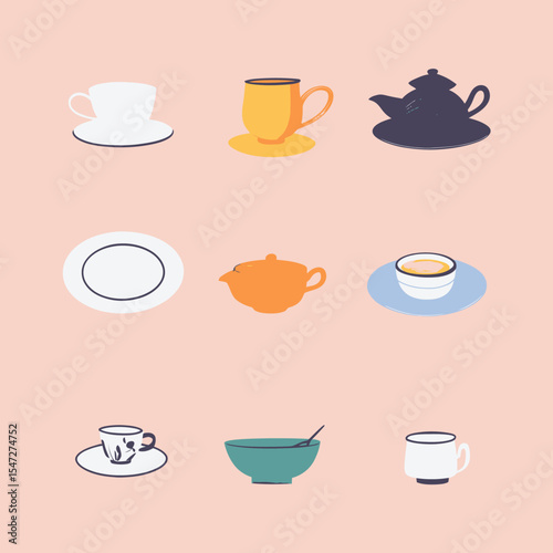 Collection of flat minimalist vector teacups, teapots, coffee cups, bowls, and saucers in assorted colors and styles on pale background for kitchenware design concepts
