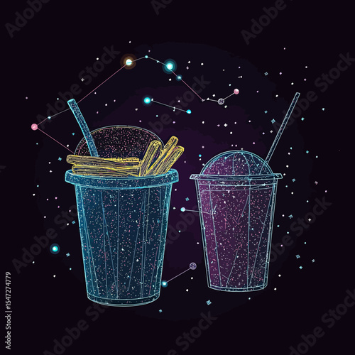 Vector illustration of two fast food containers with fries and drink cup made of starry galaxy particles with cosmic constellation lines and dots in space theme background