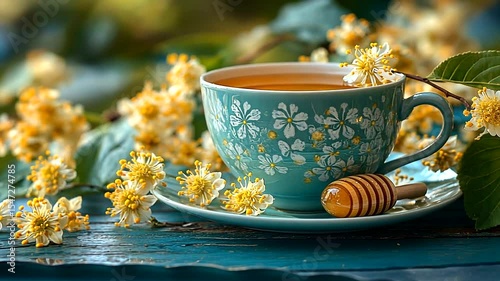A serene tea scene featuring a floral cup of honey tea surrounded by blooming flowers outdoors