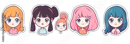 Set of kawaii anime girls stickers with diverse hair colors and cute facial expressions in flat minimalist vector style for children and youth design