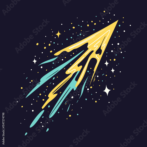 Hand drawn lightning bolt with dynamic electric energy sparks and vibrant yellow blue comic sketch style flash symbol on dark background vector illustration