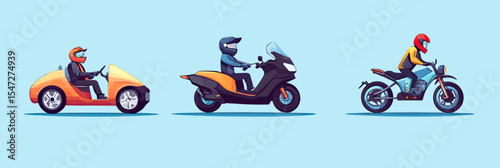 Minimalist flat vector illustration of people riding eco friendly electric vehicles including three wheeled electric car, electric scooter, and electric motorcycle on blue background