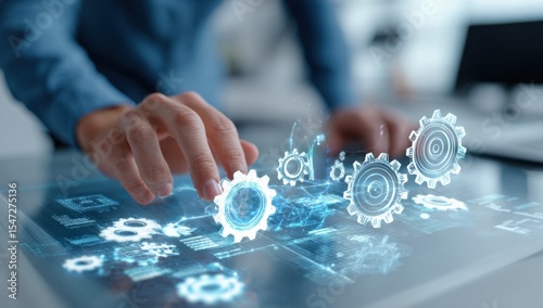Innovative Businessman Interacts with Futuristic Holographic Gear System on Sleek Tablet, Representing Seamless Technological Integration and Workflow Optimization.