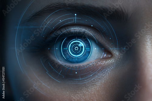 AI generated closeup of a human eye enhanced with digital circuits glowing in blue tones representing intelligence observation and futuristic technology