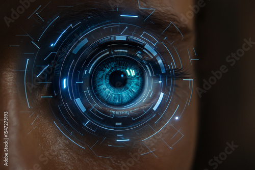 AI generated extreme closeup of a human eye featuring detailed iris and digital HUD interface elements suggesting real time analysis futuristic technology and human AI integration