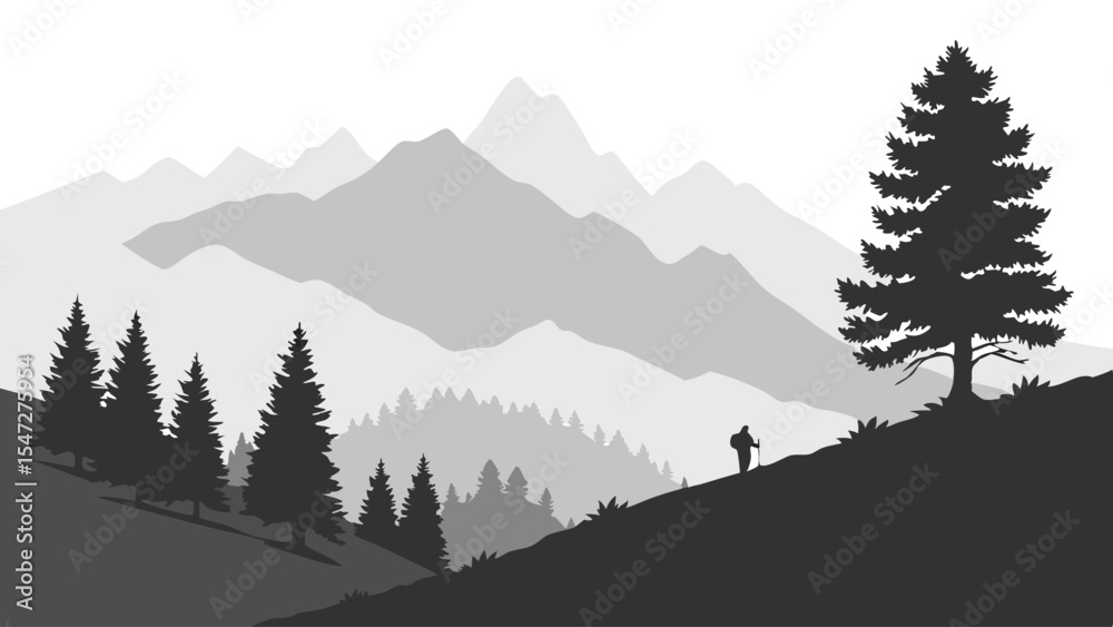 Fototapeta premium Serene Mountain Silhouette A grayscale landscape of majestic peaks, tranquil forests, and a lone hiker