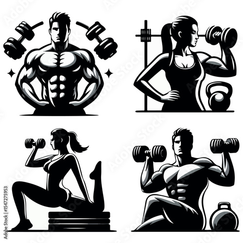 A man and a woman doing exercises with dumbbells
