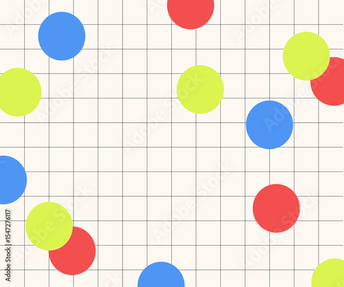 Colorful polka dot grid background featuring red, blue, and lime green circles over a light grey square grid pattern