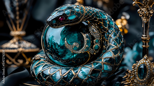 Mystical turquoise snake coiled around crystal ball with ornate metallic details and magical elements against dark background, fantasy concept art for spiritual designs.