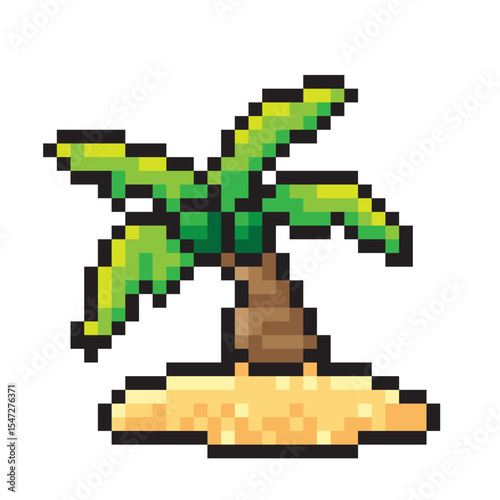Coconut tree on the beach, pixel style, on white background.