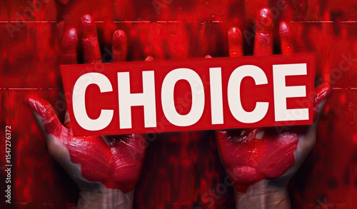 Red-stained hands holding a sign that reads 'CHOICE'