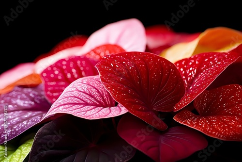 Vibrant red anthurium flowers with water droplets on petals against black background, macro photography showing detailed texture and natural patterns in tropical flora. photo