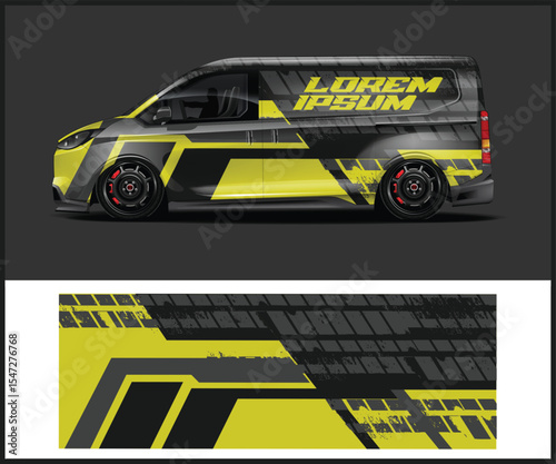 Modern Van Wrap Design with Yellow and Gray Geometric Graphics