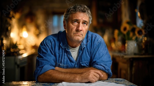Minimum income and unfair wage with basic earnings concept. A contemplative man reflecting in a cozy, warm environment.