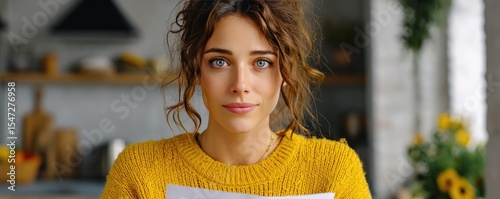 Minimum income and unfair wage with basic earnings concept. Young woman in a cozy kitchen, looking thoughtful and engaged.