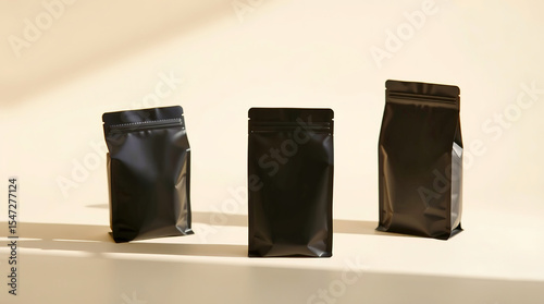Three Black Coffee Pouches on Neutral Background, Product for mockup display bags or add
