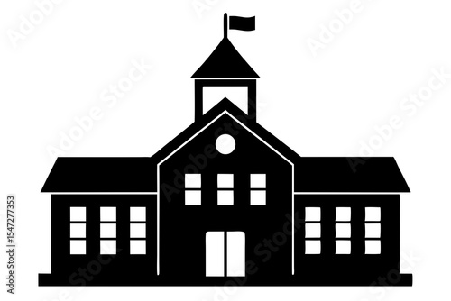 School Building Silhouette Icon, Black and White, Simple Design