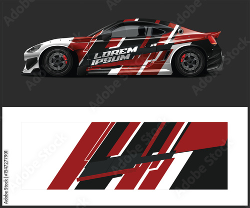 Sport Car Wrap Design with Red White and Black Geometric Graphics