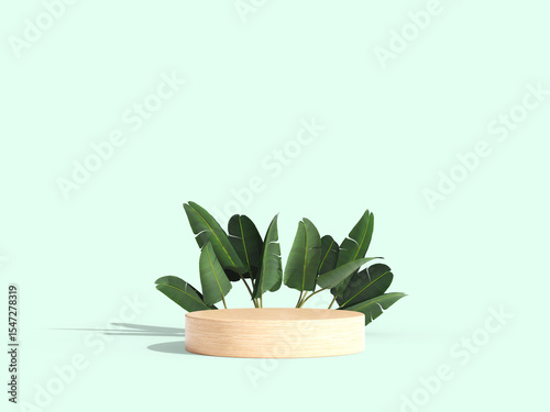 Minimal wooden podium with lush green plants on soft pastel background.