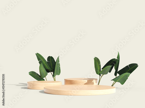 A minimalistic wooden podium with green plants on a clean, soft background.