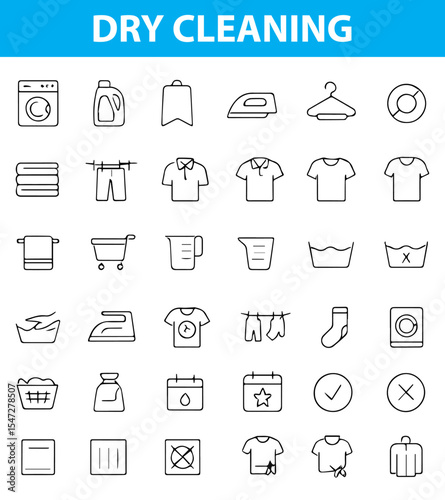 Dry Cleaning Line Icons, Hanger, Shirt, Washing Machine, Iron, Steam, Tag, Detergent, Stain,  fabric tag, stain remover, clothes rack, folded clothes, Provided in editable EPS and transparent PNG form