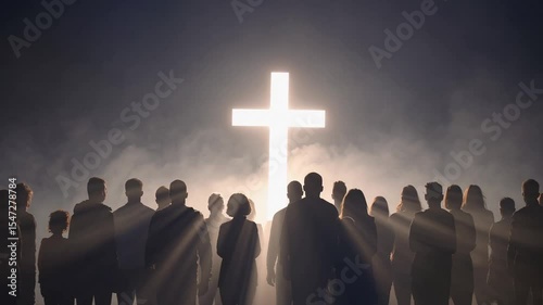 Large group of people in fog facing glowing cross, Christian symbolism of hope, spiritual faith, religious worship, afterlife vision, unity, enlightenment, devotion, mystical inspiration, sacred light