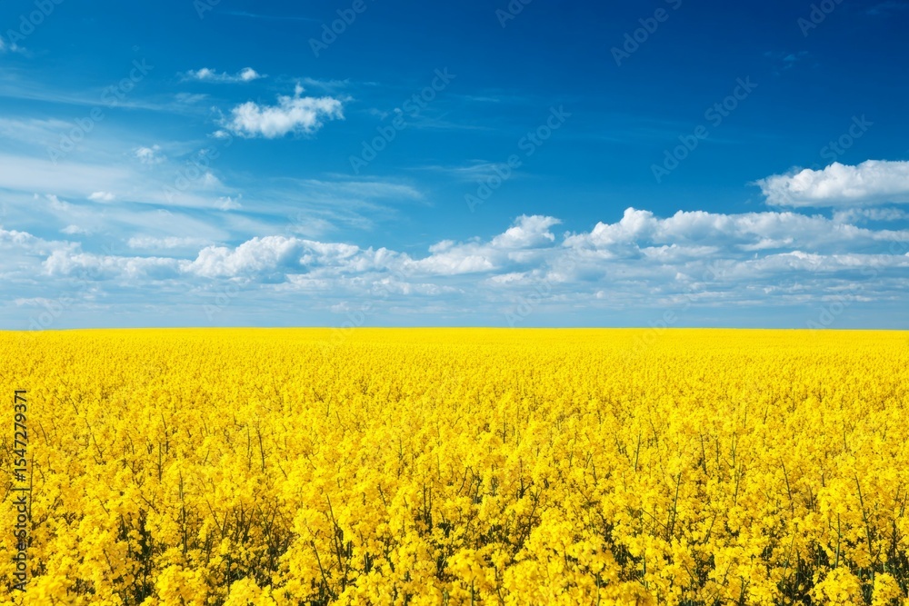 Obraz premium Vibrant yellow canola field under clear blue sky with white clouds
