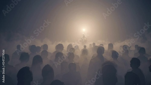 Large gathering of shadowed figures before glowing Jesus in the mist, symbolizing resurrection, divine judgment, collective awakening, and the sacred return of spiritual leadership