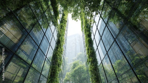 Modern architecture embraces nature with green walls and glass reflecting urban landscape in a sustainable design.