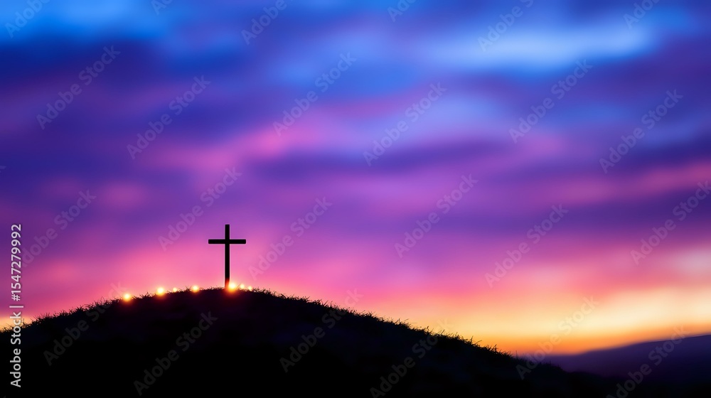 Fototapeta premium Silhouette of Christian cross on hilltop against dramatic purple and orange sunset sky with glowing clouds, spiritual and religious background concept.