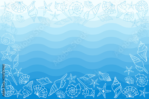 Abstract design of various seashells and starfish in blue outlines on a wavy blue stripes background, with copy space at the center for text. 