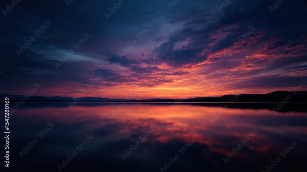 Fototapeta premium A Dramatic And Expansive Sunset Over A Vast Lake