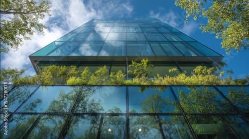 Modern glass building with a green roof reflecting the sky and trees creates a harmonious blend of nature and architecture.