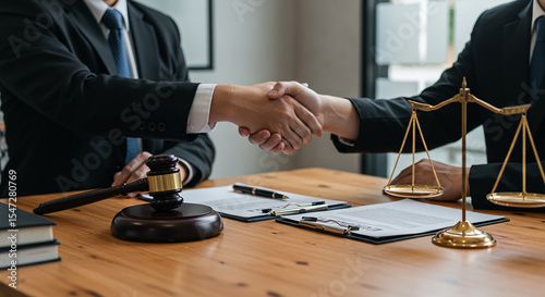 lawyer and client shaking hands, signifying agreement, cooperation, or settlement of a case.