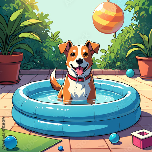 Happy dog cooling off in a kiddie pool outdoors