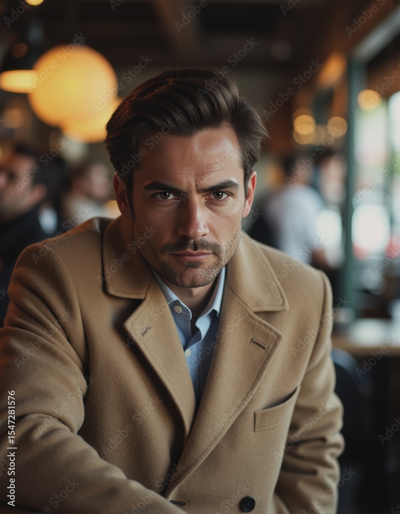Fototapeta premium Man in a beige coat at a cafe counter, looking downcast in shyness