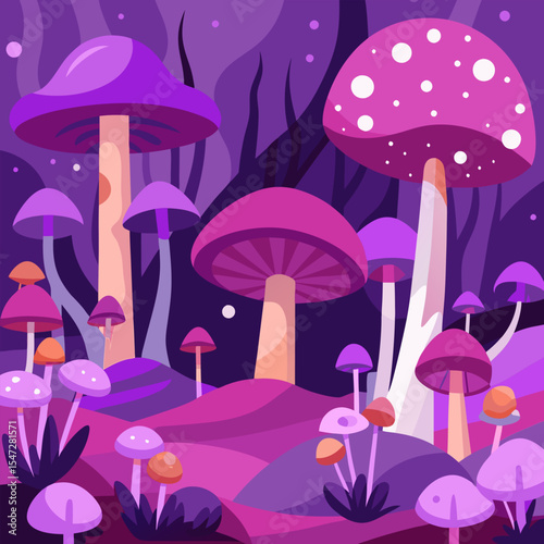 Enchanted Mushroom Forest. A Whimsical Night Scene