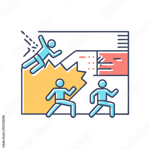 Abstract representation of building collapse with people fleeing and falling out