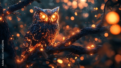 Fiery Owl, Glowing Tree, Fantasy Art