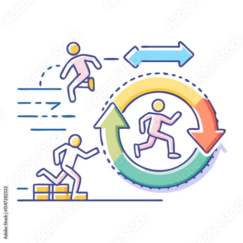 Continuous Improvement Cycle with People and Arrows, Represents Business Process Optimization