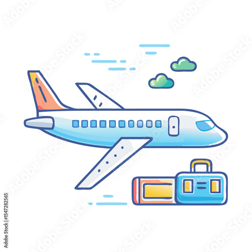Cartoon Airplane with Suitcase and Clouds ready for a Journey